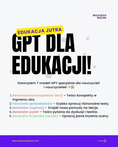 Archiwalna grafika Edukacja Jutra przedstawiająca pięć modeli GPT dla nauczycieli, w tym model do tworzenia sprawdzianów