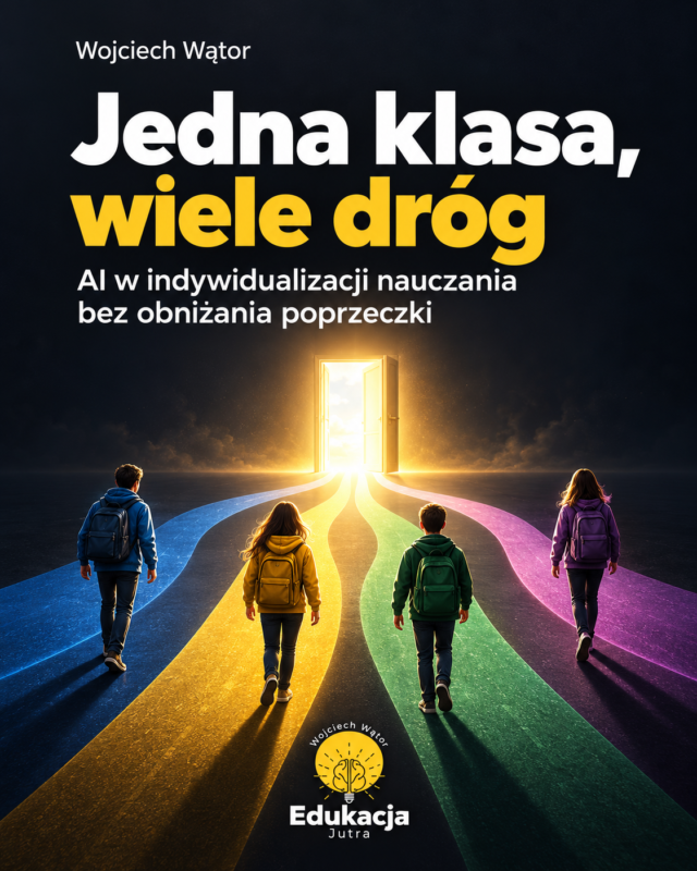 Okładka e-booka Jedna klasa, wiele dróg. Czterech uczniów podąża różnokolorowymi drogami w stronę jasnych drzwi. Autor Wojciech Wątor, Edukacja Jutra.