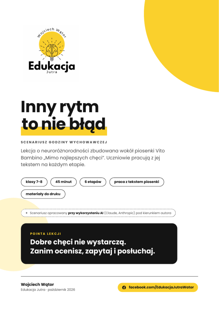 Oryginalna okładka lekcji Inny rytm to nie błąd inspirowanej piosenką Mimo najlepszych chęci, Edukacja Jutra