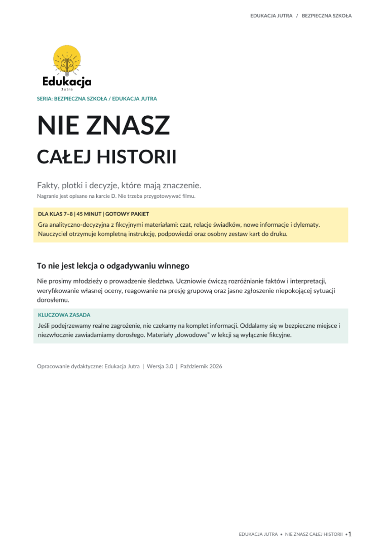 Okładka scenariusza godziny wychowawczej Nie znasz całej historii, Edukacja Jutra
