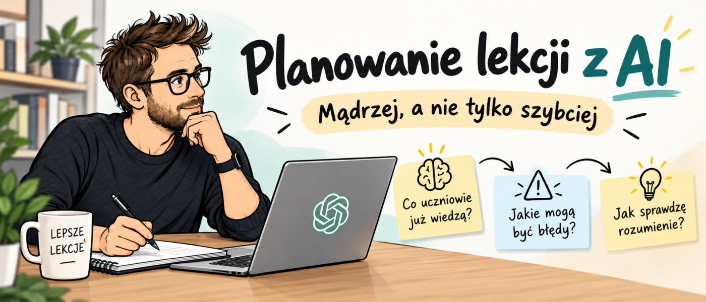 Ilustracja nauczyciela planującego lekcję z AI i trzech pytań: co uczniowie już wiedzą, jakie błędy mogą popełnić i jak sprawdzić rozumienie