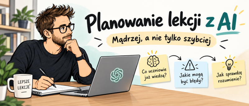 Ilustracja nauczyciela planującego lekcję z AI i trzech pytań: co uczniowie już wiedzą, jakie błędy mogą popełnić i jak sprawdzić rozumienie